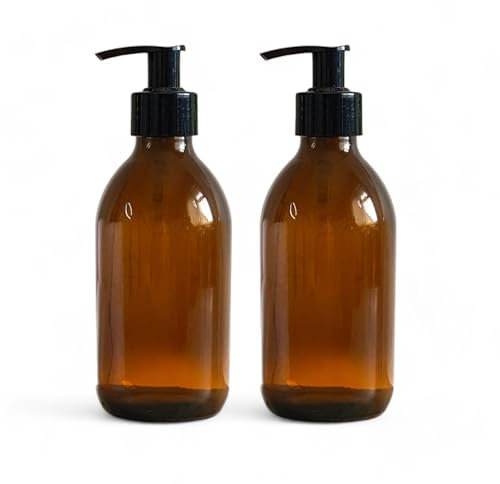 Lot de 2 grands flacons vides en verre ambré avec pompe noire 250 ml