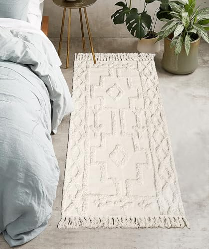 Uphome Geknüpfter Baumwoll-Läufer-Teppich, 60 x 120 cm, moderner geometrischer Boho-Teppich mit schicker Quaste, handgewebter Überwurf, Teppiche, maschinenwaschbar, Schlafzimmer, Küche
