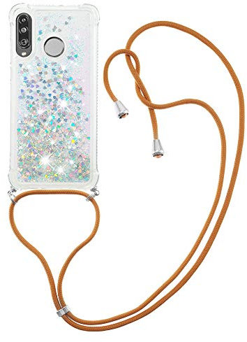 MRSTER Lanyard Housse pour Huawei P30 Pro Coque, Bling Liquide Paillette Silicone Antichoc Kawaii Etui Housse avec Cordage Lanyard Case pour Huawei P30 Pro. LP Love Silver
