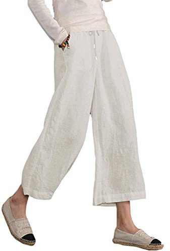Famulily Ladies Casual Cotton Linen Trousers Elastic Waist Plus Size Capri Pants with Drawstring White XXL