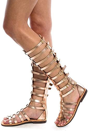 Onsoyours Sandales Femmes Plates Été Chaussures Été Nu Pieds Claquette Plage à Talon Plat Semelle Compensée Confortable Bride Cheville Bout Ouvert Or 41 EU