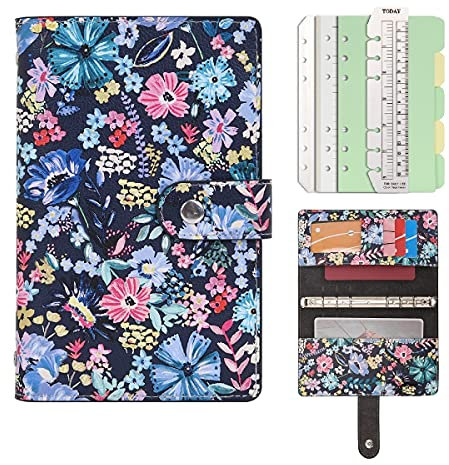 Wonderpool Spiral Leder Tagebuch Ringbuch Nachfüllbarer 6 Löcher Binder Notizbuch Loseblatt Muster Einband Portfolio mit Innentaschen-100g dickes Papier für Schule Arbeit Reisen (Blumen, A6)