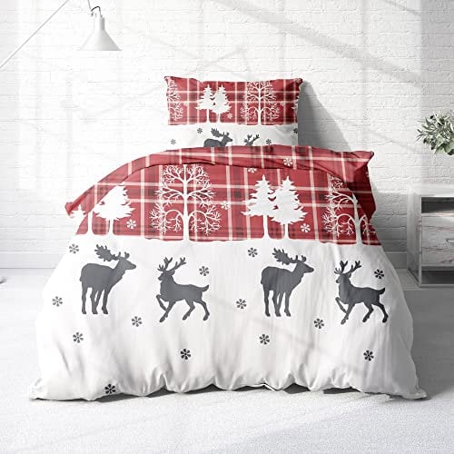 Träumschön Biber Bettwäsche Set 2tlg 155x220 cm + 80x80 cm – Flauschige Winterbettwäsche Rot – Weiche Winterbettwäsche mit Rentieren - Atmungsaktiv, Warm & Hautfreundlich - 100% Baumwolle