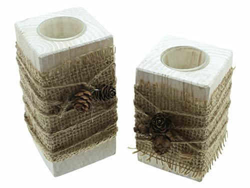 FRANK FLECHTWAREN Teelichthalter 'Natural Vintage' 2er Set rustikale Block Kerzenhalter mit Zapfen