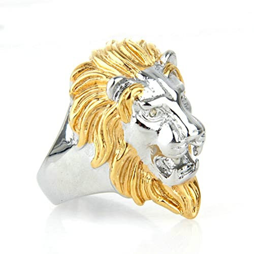 Ayoiow Ringe Edelstahl Gravur, Bandringe für Herren Punk Rock Löwe Ring Silber Gold Ring Größe 62 (19.7)