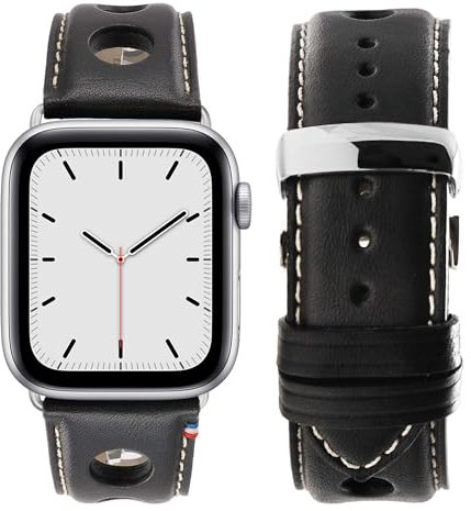 Eternel – Rallye Armband kultig – Kompatibel mit allen Apple Watch Modellen – 45/46mm – Handgefertigt in Frankreich – Pflanzlich gegerbtes Leder – Noir – Adapter in aluminium argent
