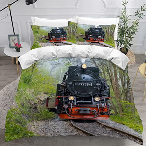 iYoucase 3D Bettwäsche Retro-Zug 135x200 cm 2teilig 100% Mikrofaser Eisenbahn Bettbezug mit Reißverschluss Kinderbettwäsche Jungen Mädchen Sommer Weiche Betten Set mit Kissenbezüge 80x80 cm