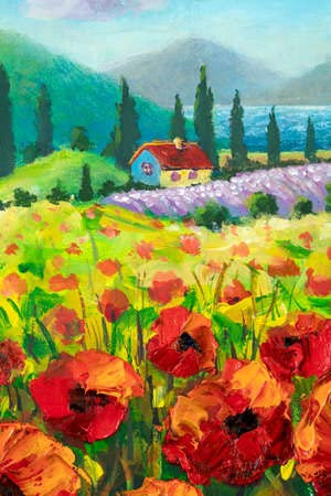 adrium Holz-Bild 40 x 60 cm: Vertikales Ölgemälde Schöne Sommerlandschaft mit feldroten Blumenmohnblumen, kleinem Haus und Zypressen in der Toskana, Italien(156097045)