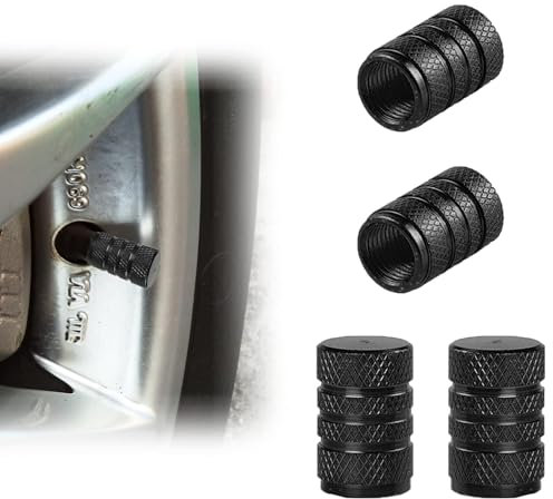 Dust Caps for Car Tyres, Car Tyre Valve Caps Black Car Dust Cap 4PCS Tire Valve Stem Caps, Universal Aluminum Tyre Dust Caps with Rubber Ring Dust Cover for Cars, Bike and Bicycle, Trucks, Motorcycles
