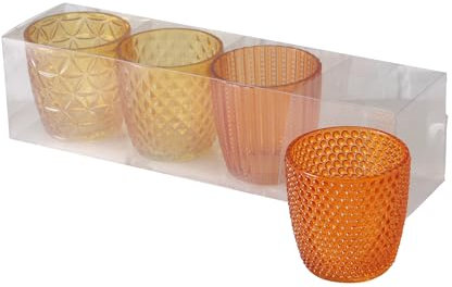 Seaside No.64 - Windlicht-Set 4 teilig aus Glas 7,5 x 7,5cm - Teelichthalter für Romantisches Ambiente - Kerzenständer mit verschiedenen Designs - Retro Kristall Ornamente - (orange, Set)