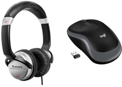 Numark HF125 - Ultra-Portable Professional DJ Headphones with 6 ft Cable, 40 mm Drivers & Logitech M185 Wireless Mouse, 2.4GHz with USB Mini Receiver, 12-Month Battery Life