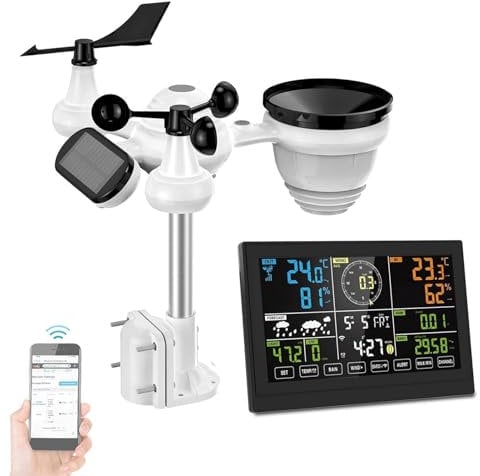 PetierWeit 7-in-1 Wlan Wetterstation mit App, Professional Wetterstation mit Windmesser und Regenmesser, mit 7.5 Zoll Digital Farbdisplay, Solarsensor für Zuhause, Büro Hausgarten