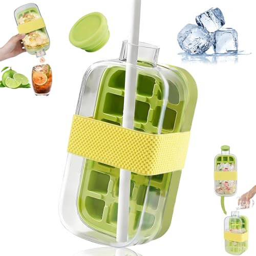 Crush Cup Ice Cube Bottle, Ice Cube Bottle, Ice Cube Bottle with Straw, 2 in 1 Water Bottle Ice Cube Tray with Lid and Bin, Push-Type Ice Cube Making Bottle for Home Outdoor Ice Making Freezer Juice