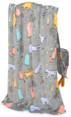 FEBE Kuscheldecke Kinder Leuchtend im Dunkeln Bunte Katzen 150x200 Flauschige Weiche Kinderdecke Kinderbettdecke Mädchen Jungen Glow Blanket