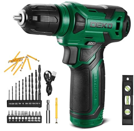 DEKOPRO Trapano avvitatore senza fili 8 V, con 10 mm mandrino, luce LED, cavo di ricarica tipo C, accessori 42 pezzi, trapano elettrico per forare e serrare/allentare viti