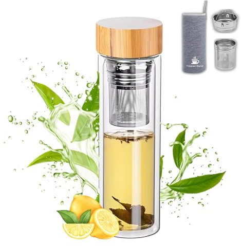15oz Double Wall Glass Water Bottle with Bamboo Lid and Tea Infuser – Insulated, Leak-Proof, and Eco-Friendly Filter for Hot or Cold Beverages