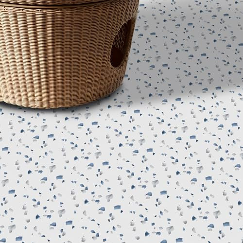 Alwayspon Vinyl Flooring Self Adhesive Floor Tiles Sticker Peel and Stick Vinyl Flooring Planks for Kitchen Living Rooms and Bathroom Floor, White Blue Terrazzo