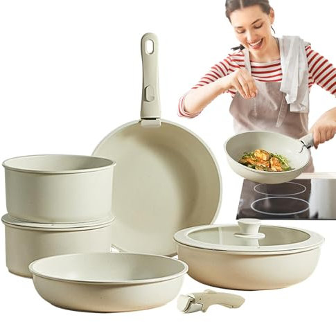 Safe Panspots Set | Nonstick Cream White Cooking Pots And Frying Pans Set | Detachable Handle For Easy Storage And Versatile Cooking Options In Your Kitchen