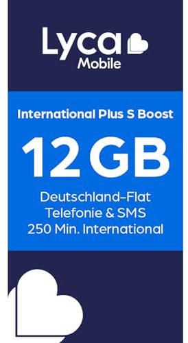 Lycamobile International Plus S Boost Prepaid SIM Karte ohne Vertrag inkl. 12 GB Datenvolumen