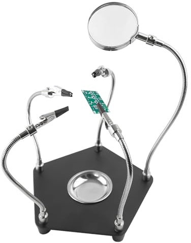 Third Hand Soldering Tool -3X Magnifying Glass Dimmable LED PCB Holder with Soldering Iron Stand, Metal Base Flexible Metal Arms 4 Flexible for Repair, Soldering