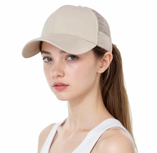 SEFIRST Cappello da Baseball da Donna a Coda di Cavallo, Cappellino con Visiera, Cappellino da Baseball, Cappello Donna Estivo per Berretto da Tennis da Golf Sportive, cap Cotone Regolabile (Cachi)