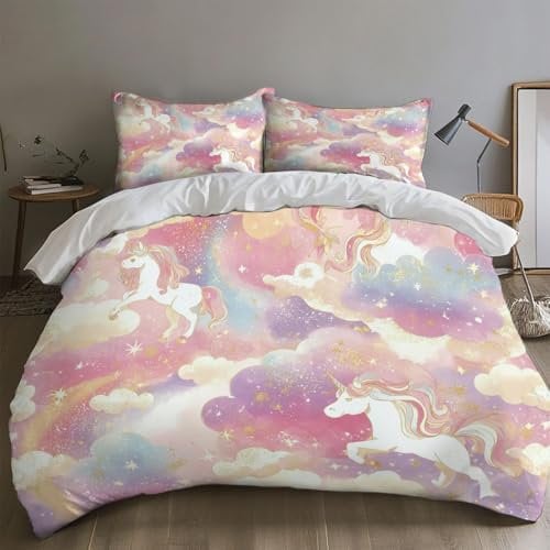 SKOEUI Bettwäsche 155x220 cm 3Teilig Fantasie-Einhorn Bettwäsche-Sets Bügelfrei Microfaser Bettbezug mit Reißverschluss Allergiker Bettdeckenbezug mit 2 mal Kissenbezug 80x80 cm Rosa