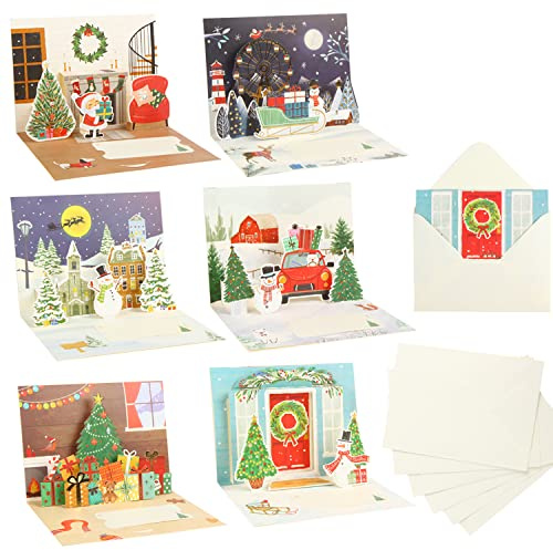 LOMIMOS 6 stycken julkort med kuvertset, popup-julkort, 3D-vikta kort, julkort, vykort med snögubbe, gran, ren till jul