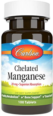 Carlson - Chelated Manganese, 20 mg, Superior Absorption, Healthy Metabolism, Bone Support & Brain Health, 100 Tablets