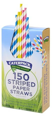 Caterpack Enviro Range Paper Straws Striped 150 Pack Fully Recyclable, Biodegradable and compostable. Strong & Sustainable.