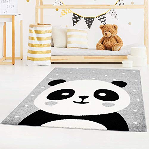 carpet city Kinderteppich Bubble Kids Flachflor Panda-Bär, weiß gepunktet in Grau für Kinderzimmer; Größe: 160x225 cm, bubble-1334-grey-160x225