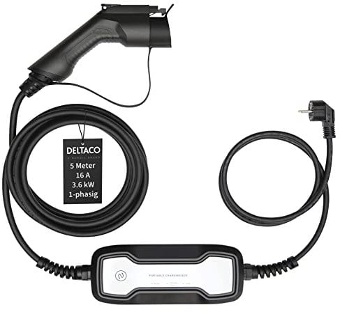 DELTACO Typ 1 EV-Ladekabel für E-Autos und Hybrid Fahrzeuge, Elektroauto Charger Mennekes Kabel, Schutzkontaktstecker auf Typ 1 (Yazaki) 16A / 3,6 kW, 5 Meter
