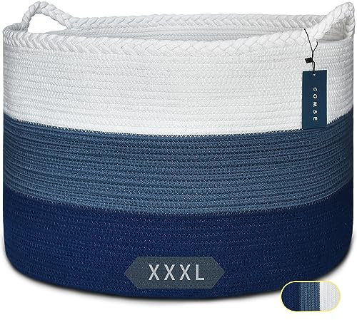 COMSE Extra Large Blanket Basket, Woven Laundry Basket, 55 x 35 CM, Nursery Hamper, Cotton Rope Laundry Hamper Living Room for Storage Toys Clothes Towels, White/Cadet blue/Navy Blue
