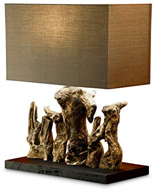 Kinaree Treibholz Tischlampe THONGSAI - Massivholz Schirmlampe - 50cm Standleuchte inkl. Schirm aus Leinen
