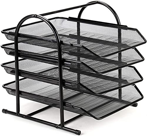 Youyijia Mesh Desk Organiser 4 Tier Letter Tray Stackable Mesh File Holder Office A4 Filing Desktop Document Storage for HOM Office (Black)