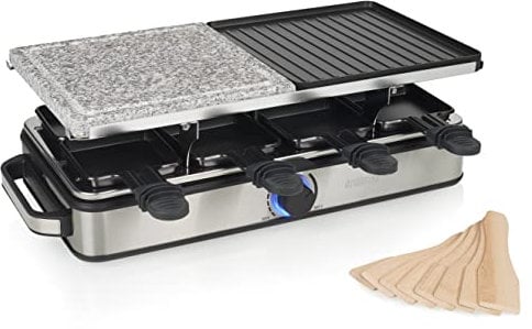 Princess 162635-Piedra y Parrilla Deluxe Raclette multifunción para 8 Personas, 1400 W, Acero Inoxidable Cepillado