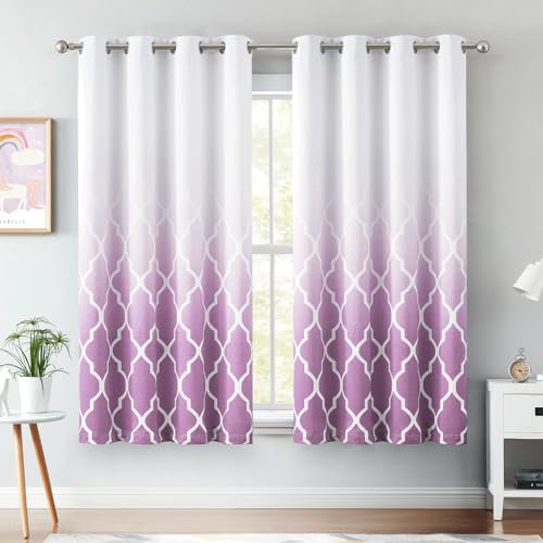 Verdunkelungsvorhänge mit violettem Ombre-Motiv, 160 cm lang, für Schlafzimmer, Wohnzimmer, marokkanisches Muster, gedruckt auf weißen Fensterbehandlungen, mit Ösen, 132 cm breit, 2 Paneel-Sets