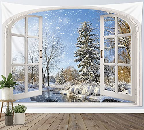 LB Wandteppich Winterlandschaft Wandtuch Kiefer mit Schnee Außerhalb des Fensters Wandbehang Natur Tapisserie für Wohnzimmer Schlafzimmer Wohnheim Wanddeko,150x130 cm