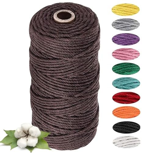 Makramee Garn 3mm X 100m, Natürliche Baumwollkordel Garn, Bobbiny 3mm Baumwollkordel für Makramee Blumenampel Hängepflanze DIY Dekoration Weben, Wanddekoration und Recycelbar (Braun)