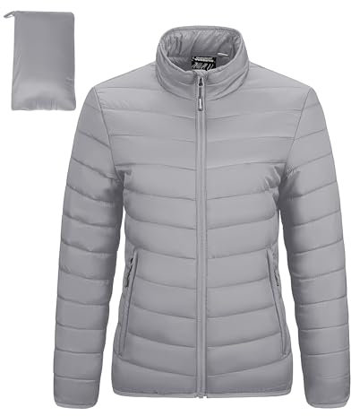 Outdoor Ventures Womens Winter Lightweight Jacket Warm Short Packable Puffer Jacket Transitional Padded Jacket Quilted Jacket for Ladies Lined for Hiking Travel, Foggy Grey XL