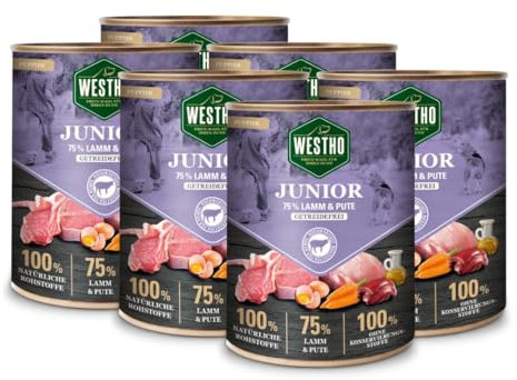 WESTHO Hundefutter Nassfutter Junior (6 x 800g) | 75% Weidelamm und Pute in Lebensmittelqualität | Getreidefrei | Für Welpen und Junghunde Aller Rassen | Gesundes Wachstum
