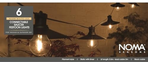 NOMA Connectable Festoon Lights with 6 Saucer Style LED Bulbs (Pack of 1) | 6 Warm White LED Bulbs, Mains-Powered, Indoor & Outdoor Use, 3.5 M Lit Length, Easy Timer Function