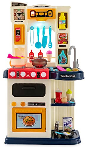 Maxmass Kids Play Kitchen, 65PCS Pretend Kitchen Toy Set with Sound, Lights, Steam & Boil Effects, Children Cooking Role Playset for Boys Girls (Blue)