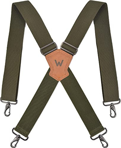 WELKINLAND Green 2 Wide Suspenders, Heavy Duty, 4 Hooks, 55 Inch Extended Length, Men's Camo Work Suspenders with Leather & Gun Metal Hooks