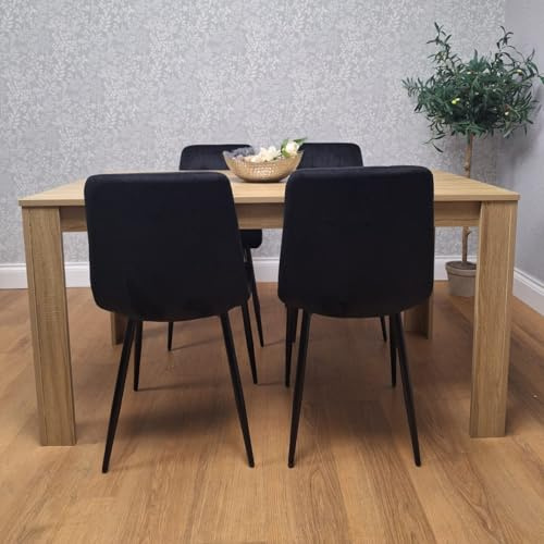 KOSY KOALA Dining Table Set Of 4 Wooden Oak Table And 4 Tufted Velvet Black Chairs (Table + 4 black chairs, 140cm (L) x 80cm (W))