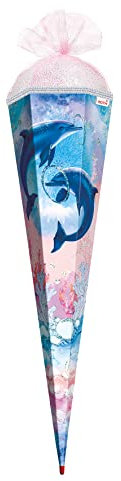 Gefüllte Motiv-Schultüte Delfine 85cm eckig Rot(h)-Spitze Tüllverschluss Glitter & Glitzerborte