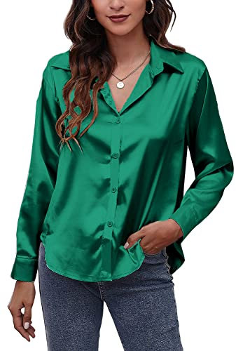 Panegy Chemise en satin à manches longues pour femme - Haut de travail boutonné - Chemise semblable à la soie pour le bureau, Vert-1, XXL
