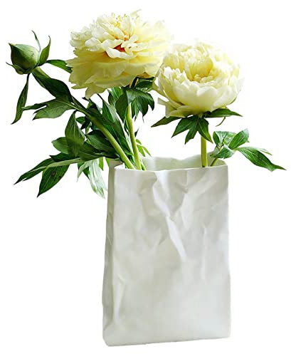 LINGJIONG Crinkle Paper Bag Vaso | Vasi per centrotavola | Vaso bianco in ceramica per sacchetti di carta, unico quadrato, piccoli vasi piegati con ampia apertura per la casa