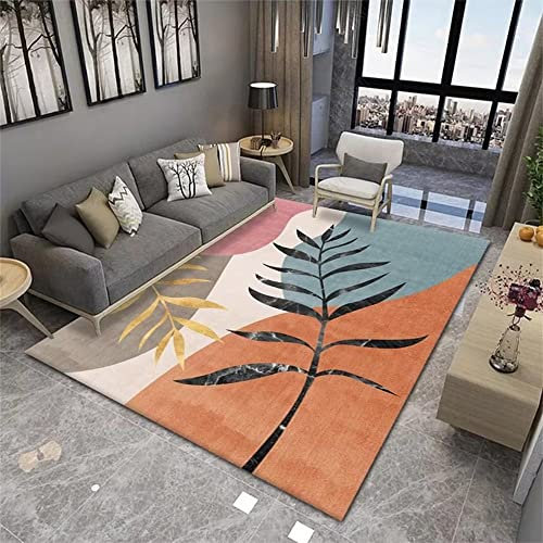 DSHUB Gemusterter Teppich Heller Freizeitteppich Blattdruckstil blau orange grau individuell anpassbar Flachgewebter Teppich Bereichsteppich 70X140cm