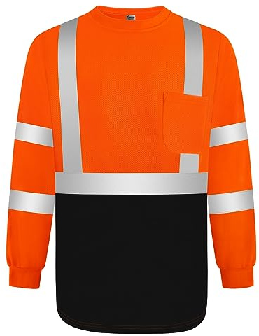 Graunton Hi Vis T-shirt for Men, Reflective T-shirt with Long Sleeve for Night Running, Jogging, Cycling, Hi Vis Vests for Volunteer, Security Guards, Hi Vis T-shirts,Orange Black,2XL.