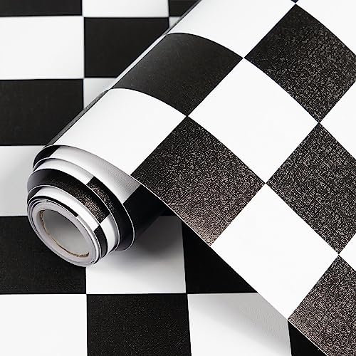 Nourilife Papier peint mosaïque noir et blanc à décoller et à coller - Papier peint géométrique à carreaux pour salle de bain, salon et plus encore - Papier peint amovible en PVC - 45 x 3048 cm